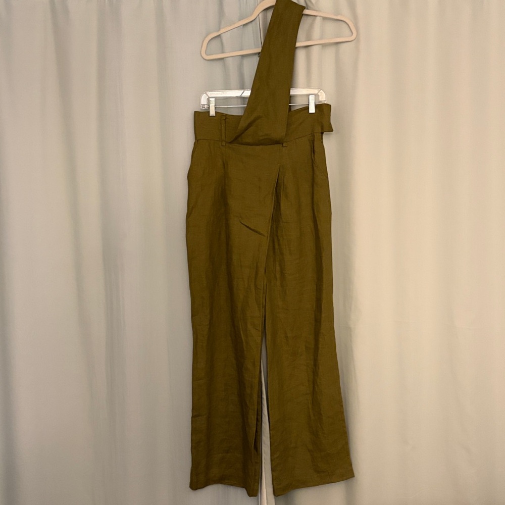 Olive Green Women's Whimsical Linen High waisted‎ Overalls style pants, small